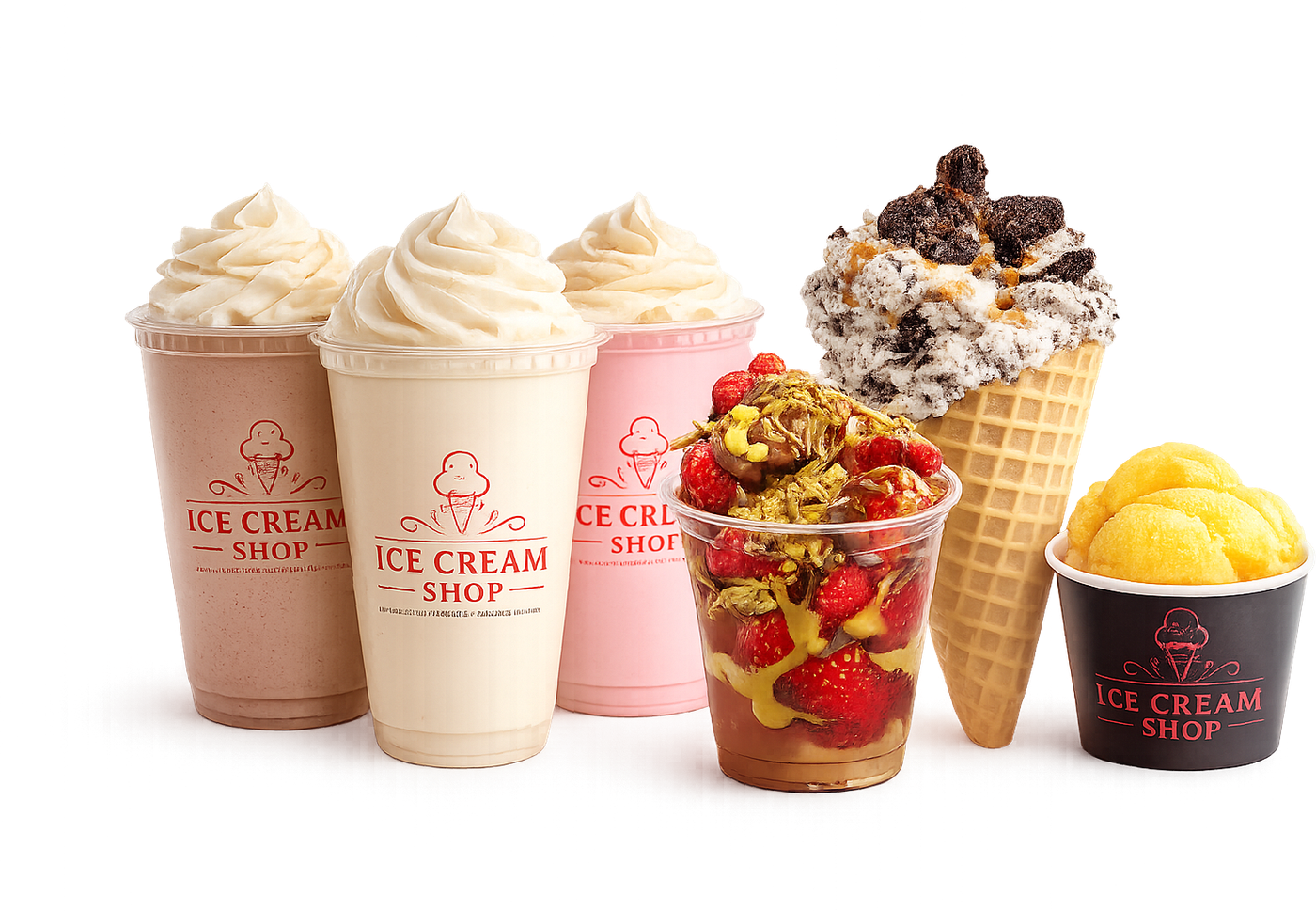 Milkshakes, a cookies and cream waffle cone, a Dubai cup and mango sorbet from The Ice Cream Shop